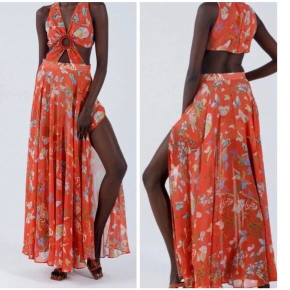 NWT My Beachy Side Begonia Flowy Cut-Out Floral Orange Maxi Dress Ring Small S - Picture 2 of 16